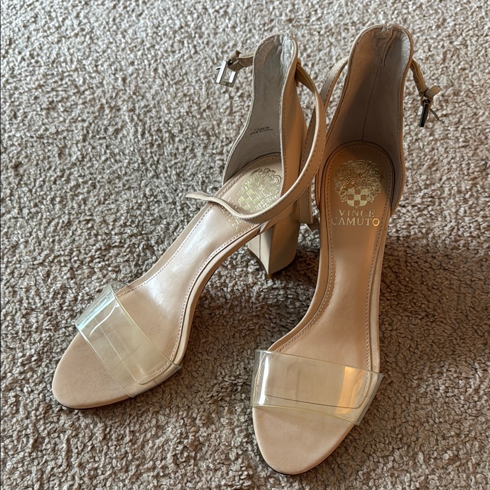 Vince Camuto Tan Heels with Clear Strap